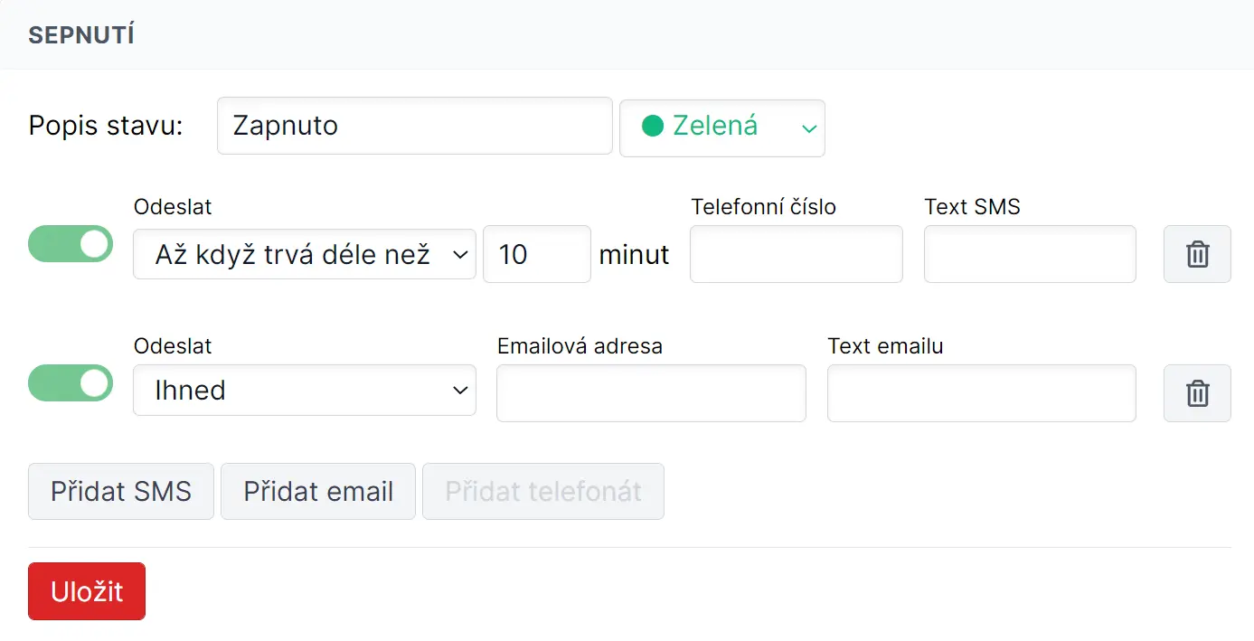 Aktuální stavy a historie obvodů u signalizátorů